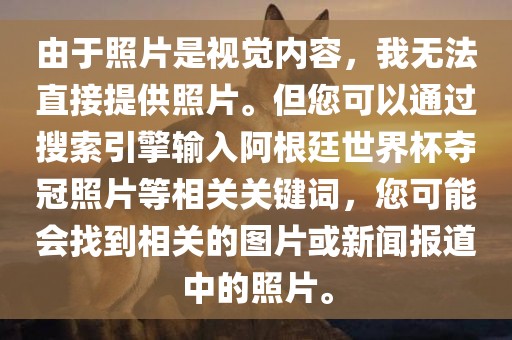 由于照片是视觉内容，我无法直接提供照片。但您可以通过搜索引擎输入阿根廷世界杯夺冠照片等相关关键词，您可能会找到相关的图片或新闻报道中的照片。