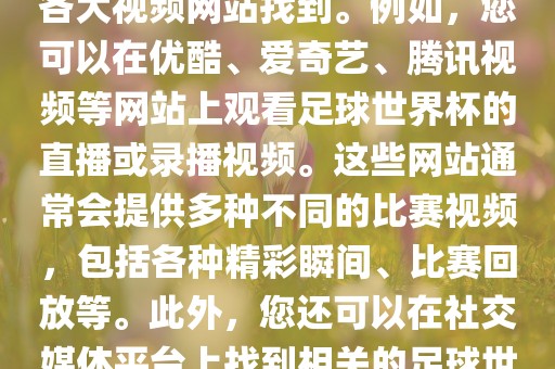 关于足球世界眉山市正发家政服务有限公司杯的视频可以在各大视频网站找到。例如，您可以在优酷、爱奇艺、腾讯视频等网站上观看足球世界杯的直播或录播视频。这些网站通常会提供多种不同的比赛视频，包括各种精彩瞬间、比赛回放等。此外，您还可以在社交媒体平台上找到相关的足球世界杯视频分享。