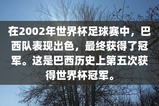 在2002年世界杯足球赛中，巴西队表现出色，最终获得了冠军。这是巴西历史上第五次获得世界杯冠军。