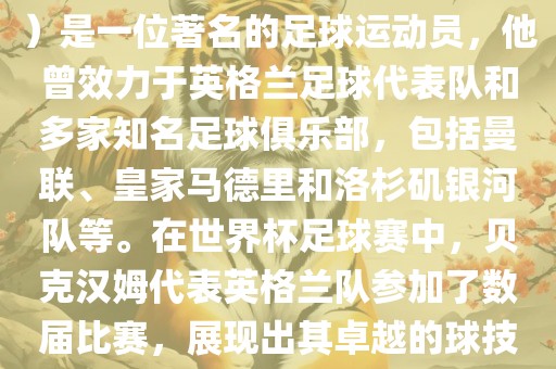 贝克汉姆（David Beckham）是一位著名的足球运动员，他曾效力于英格兰足球代表队和多家知名足球俱乐部，包括曼联、皇家马德里和洛杉矶银河队等。在世界杯足球赛中，贝克汉姆代表英格兰队参加了数届比赛，展现出其卓越的球技和魅力。