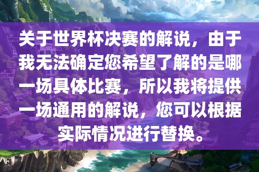 关于世界杯决赛的解说，由于我无法确定您希望了解的是哪一场具体比赛，所以我将提供一场通用的解说，您可以根据实际情况进行替换。眉山市正发家政服务有限公司