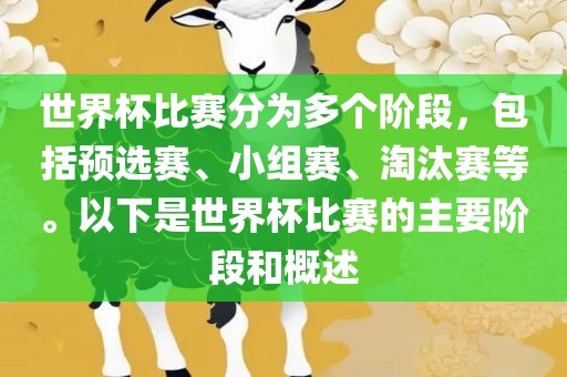 世界杯比赛分为多个阶段，包括预选赛、小组赛、淘汰赛等。以下是世界杯比赛的主要阶段和概述眉山市正发家政服务有限公司