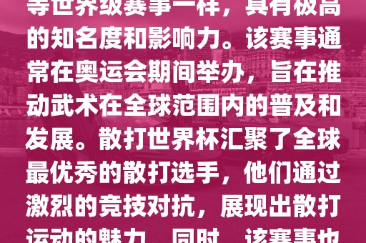 散打世界杯是世界武术散打最高水平的赛事之一，与奥运会等世界级赛事一样，具有极高的知名度和影响力。该赛事通常在奥运会期间举办，旨在推动武术在全球范围内的普及和发展。散打世界杯汇聚了全球最优秀的散打选手，他们通过激烈的竞技对抗，展现出散打运动的魅力。同时，该赛事也是推动不同国家和地区之间文化交流的重要平台。眉山市正发家政服务有限公司