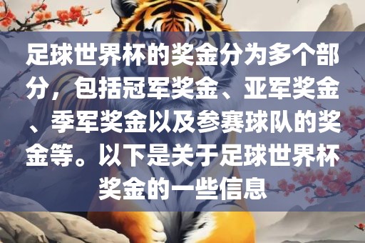 足球世界杯的奖金分为多个部分，包括冠军奖金、亚军奖金、季军奖金以及参赛球队的奖金等。以下是关于足球世界杯奖金的一些信息