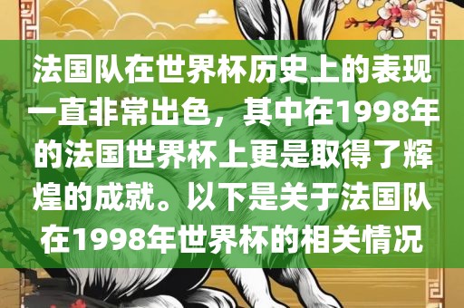 法国队在世界杯历史上的表现一直非常出色，其中在1998年的法国世界杯上更是取得了辉煌的成就。以下是关于法国队在1998年世界杯的相关情况眉山市正发家政服务有限公司