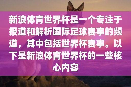 新浪体育世界杯是一个专注于报道和解析国际足球赛事的频道，其中包括世界杯赛事。以下是新浪体育世界杯的一些核心内容眉山市正发家政服务有限公司