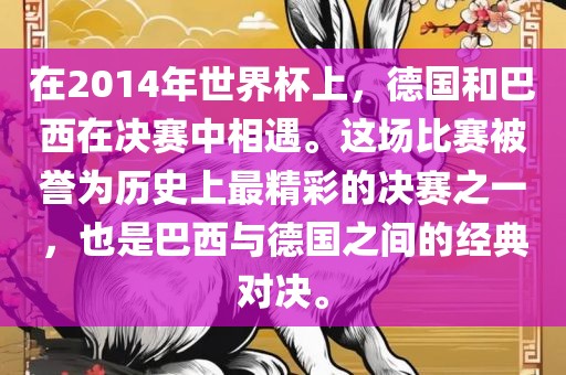 在2014年世界杯上，德国和巴西在决赛中相遇。这场比赛被誉为历史上最精彩的决赛之一，也是巴西与德国之间的经典对决。眉山市正发家政服务有限公司