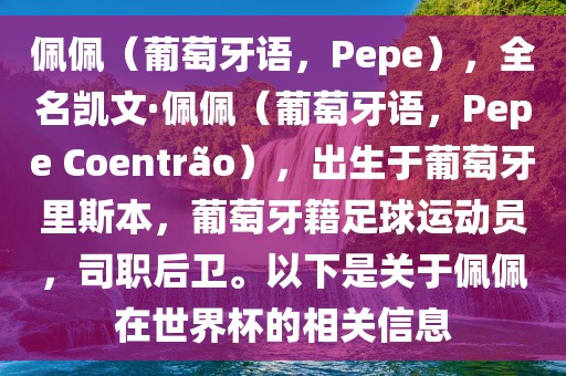 佩佩（葡萄牙语，Pepe），全名凯文·佩佩（葡萄牙语，Pepe Coentr?o），出生于葡萄牙里斯本，葡萄牙籍足球运动员，司职后卫。以下是关于佩佩在世界杯的相关信息