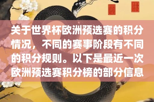 关于世界杯欧洲预选赛的积分情况，不同的赛事阶段有不同的积分规则。以下是最近一次欧洲预选赛积分榜的部分信息