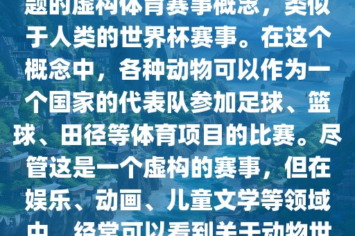 动物世界杯是一个以动物为主题的虚构体育赛事概念，类似于人类的世界杯赛事。在这个概念中，各种动物可以作为一个国家的代表队参加足球、篮球、田径等体育项目的比赛。尽管这是一个虚构的赛事，但在娱乐、动画、儿童文学等领域中，经常可以看到关于动物世界杯的故事和情节。