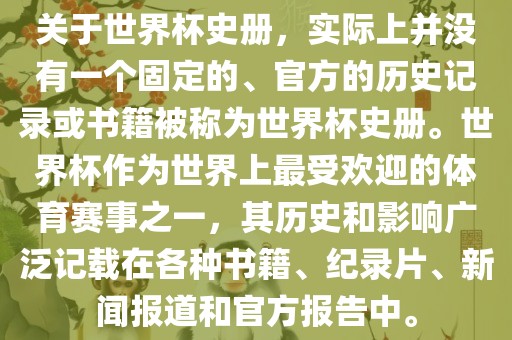 关于世界杯史册，实际上并没有一个固定的、官方的历史记录或书籍被称为世界杯史册。世界杯作为世界上最受欢迎的体育赛事之一，其历史和影响广泛记载在各种书籍、纪录片、新闻报道和官方报告中。眉山市正发家政服务有限公司