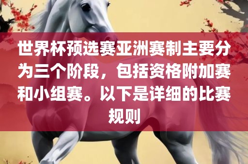 世界杯预选赛亚洲赛制主要分为三个阶段，包括资格附加赛和小组赛。以下是详细的比赛规则