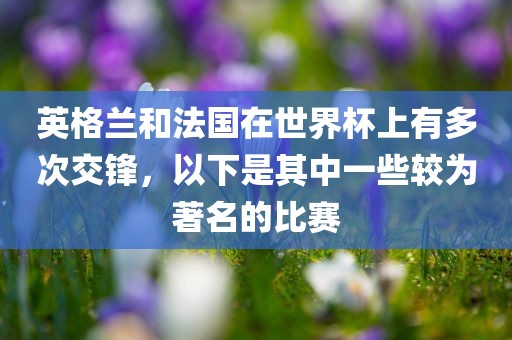 英格兰和法国在世界杯上有多次交锋，以下是其中一些较为著名的比赛眉山市正发家政服务有限公司