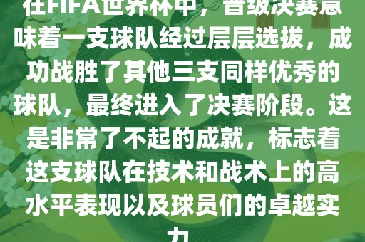在FIFA世界杯中，晋级决赛意味着一支球队经过层层选拔，成功战胜了其他三支同样优秀的球队，最终进入了决赛阶段。这是非常了不起的成就，标志着这支球队在技术和战术上的高水平表现以及球员们的卓越实力。