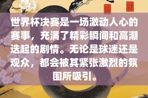 世界杯决赛是一场激动人心的赛事，充满了精彩瞬间和高潮迭起的剧情。无论是球迷还是观众，都会被其紧张激烈的氛围所吸引。