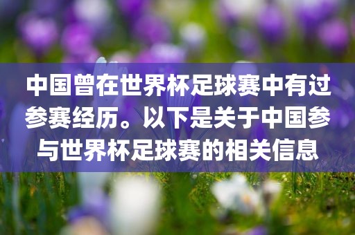 中国曾在世界杯足球赛中有过参赛经历。以下是关于中国参与世界杯足球赛的相关信息