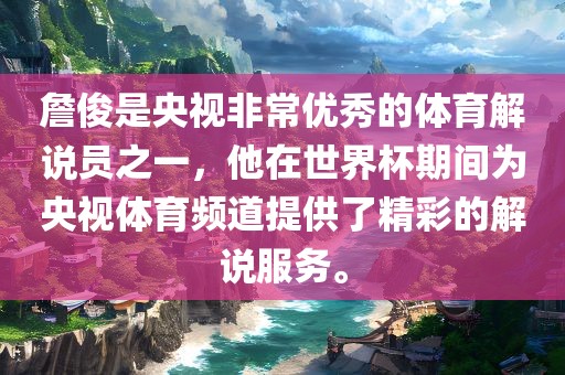 詹俊是央视非常优秀的体育解说员之一，他在世界杯期间为央视体育频道提供了精彩的解说服务。