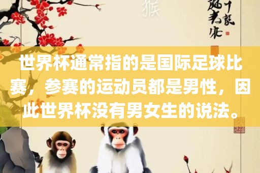 世界杯通常指的是国际足球比赛，参赛的运动员都是男性，因此世界杯没有男女生的说法。